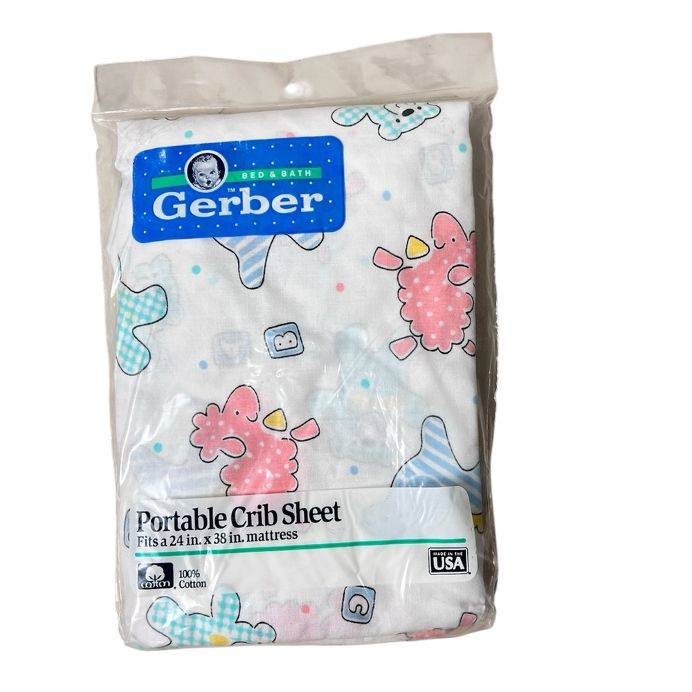 NEW Vtg Gerber White Portable Crib Sheet 100%‎ Cotton Animals Print Made in USA